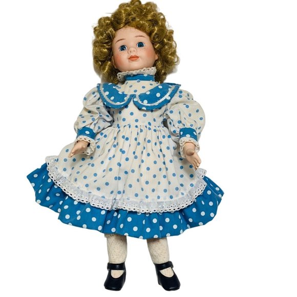 Designs by Yoko Porcelain Doll Blue Polka Dot Dress Girl 16" State Fair Edition - Picture 1 of 11